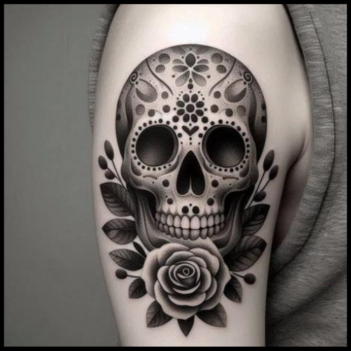 Black and White Sugar Skull Tattoos with a Pop of Color: A Balanced Approach