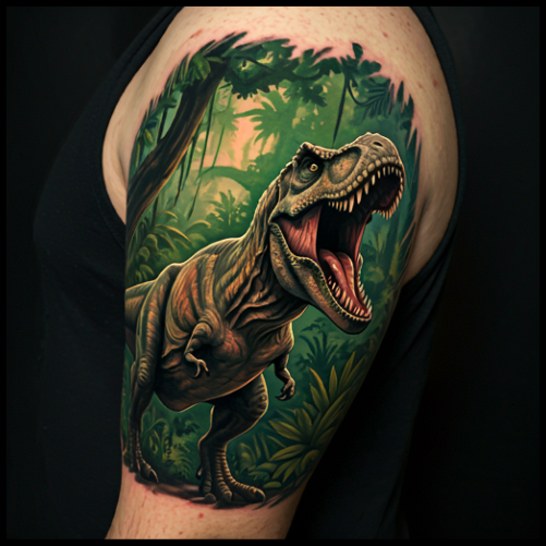 Blind Cat Walking His Guiding Velociraptor Tattoo