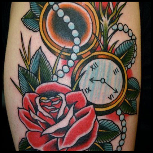 Classic Rose and Clock Tattoo