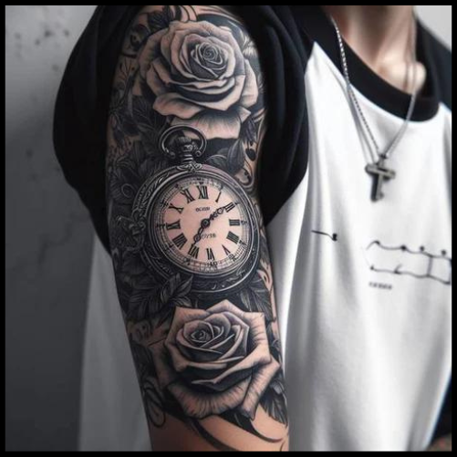 Clock and Rose Sleeve Tattoo