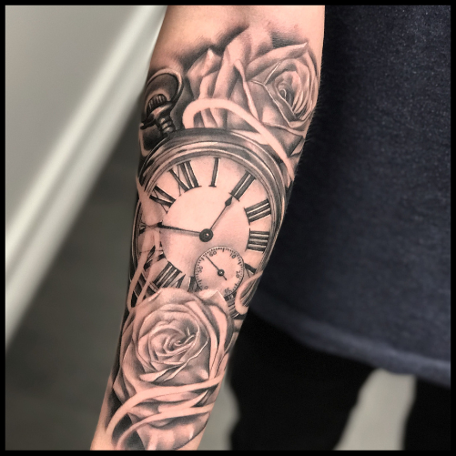 Clock and Rose Tattoo on Forearm Clock and Rose Tattoo