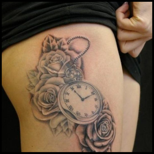 Clock and Rose Tattoo on Thigh