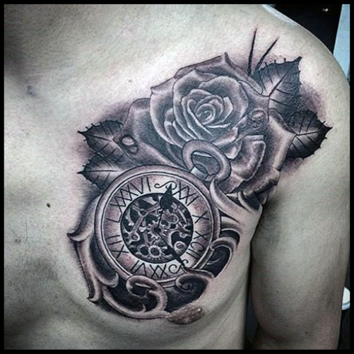 Clock and Rose Tattoo on the Chest