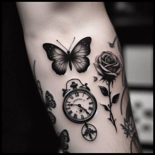 Clock and Rose Tattoo with a Butterfly