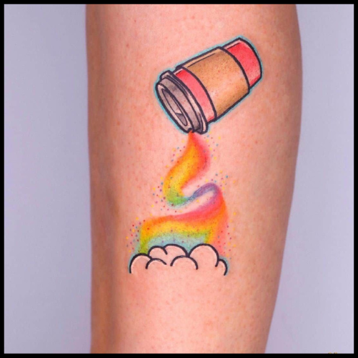 Coffee Rainbow Tattoo With Clouds