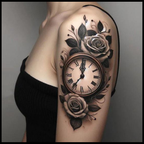 Compass Clock and Rose Tattoo Clock and Rose Tattoo