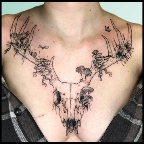  Deer Skull With Flowers Tattoo