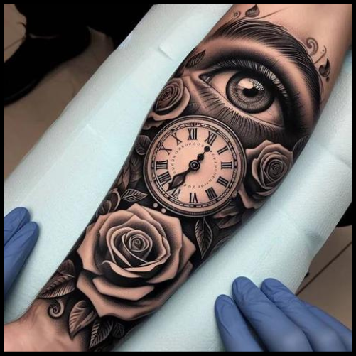 Eye Clock and Rose Tattoo Ideas