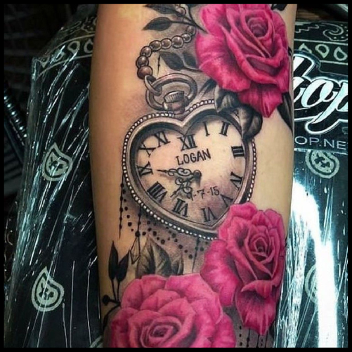 Heart Clock and Rose Tattoo