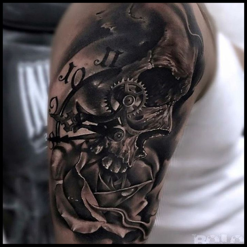Skull Clock Tattoo with Roses