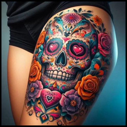Vibrant Touches of Color Sugar Skull Tattoos : A Celebration of Life