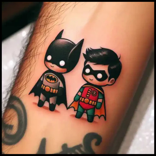 Adorable Batman And Robin Tattoo With Bright Colors