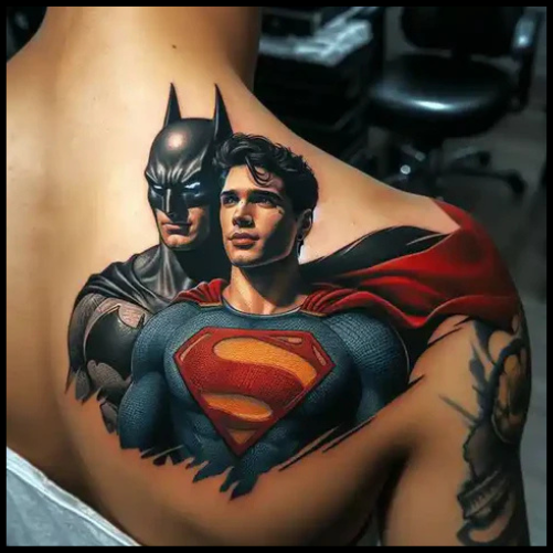 Artistic Batman And Superman Tattoo With Symbols