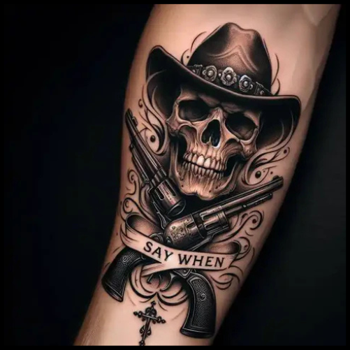 Artistic Doc Holliday Skull Tattoo With Alluring Spirals