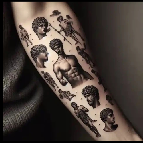 Artistic Greek Mythology Patchwork Tattoo With Moving Clouds