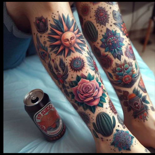 Artistic Leg Patchwork Tattoo With Celestial Elements