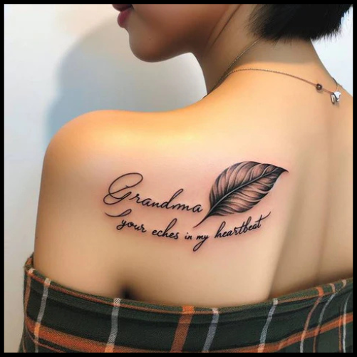 Artistic RIP Grandma Tattoo With Leaf