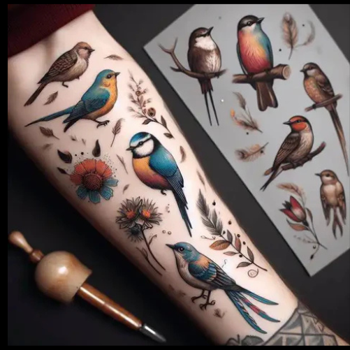 Beautiful Bird Patchwork Tattoo With A Monochrome Background