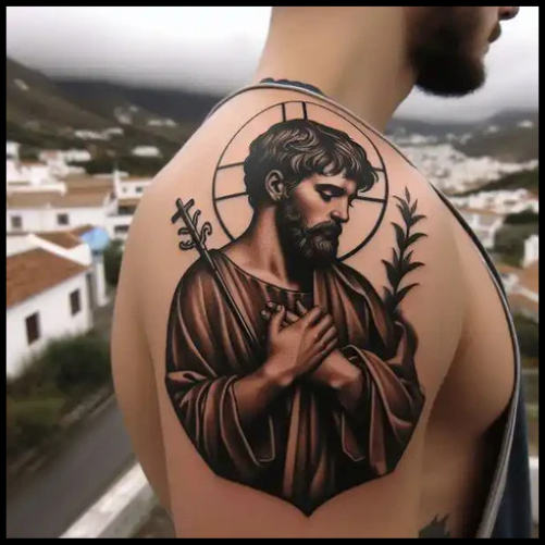 Bold San Judas Tattoo On Shoulder