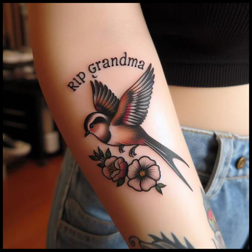Colorful RIP Grandma Tattoo With Bird RIP Grandma Tattoo Ideas