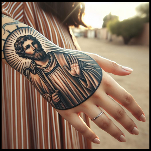 Colorful San Judas Tattoo On Hand