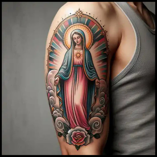 Colors Of Traditional Virgin Mary Tattoo