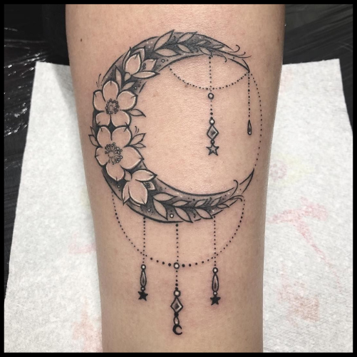 Crescent Moon and Rosary Tattoo