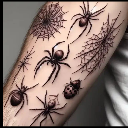Cryptic Couple Patchwork Tattoo With Spider Nets