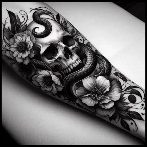 Death Eater Mask Combined with Floral Elements Tattoo