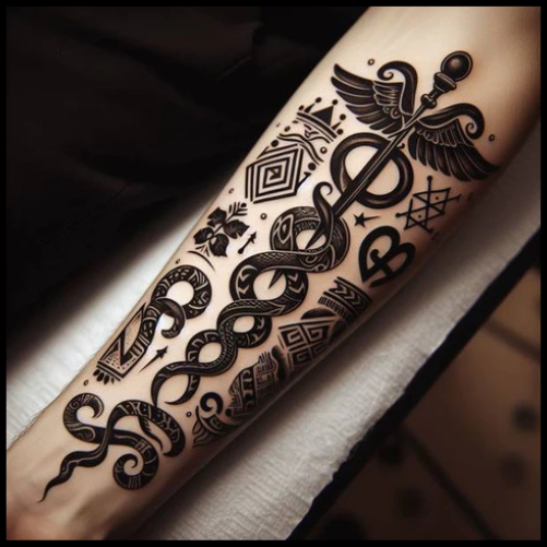 Detailed Design Of Asclepius With Tribal Symbols Patchwork Tattoo