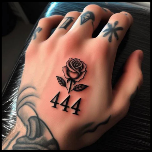 Elegant 444 And Rose Tattoo On Hand