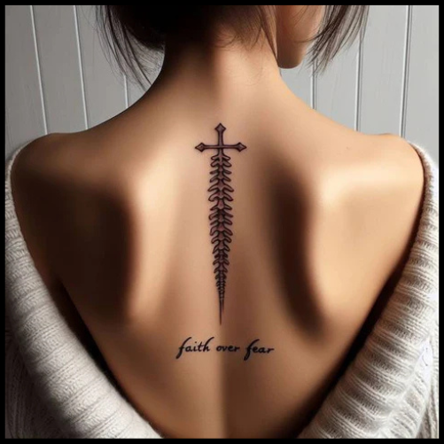 Elongated Faith Over Fear Spine Tattoo