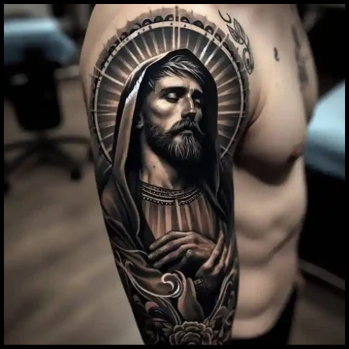 Exuberant San Judas Tattoo On Sleeve