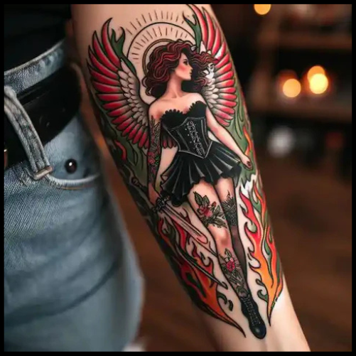 Flame Pin-Up Tattoo With Fiery Patterns