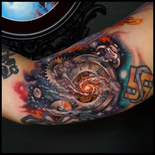 Galaxy and Clock Tattoo