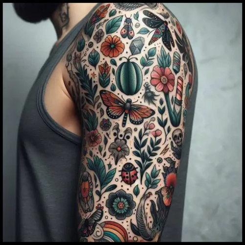 Hard Hitting Design With Splashes Of Color Patchwork Tattoo