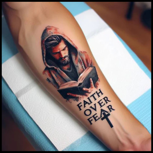 Highly Stylized Faith Over Fear Tattoo On Forearm