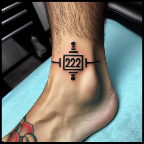 Intricate 222 Tattoo On Ankle With Soothing Shapes