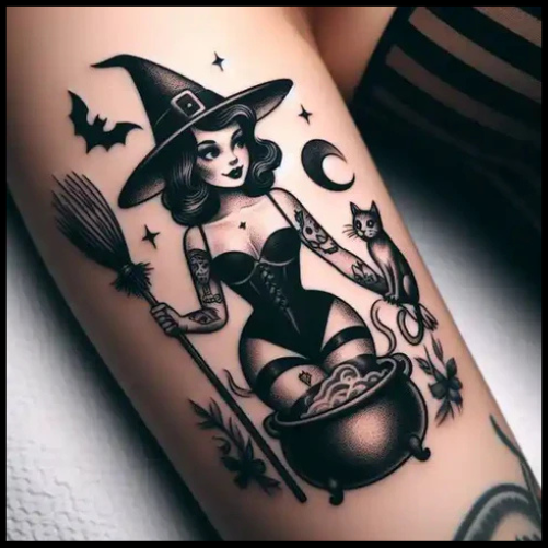 Intricate Witch Pin-Up Tattoo