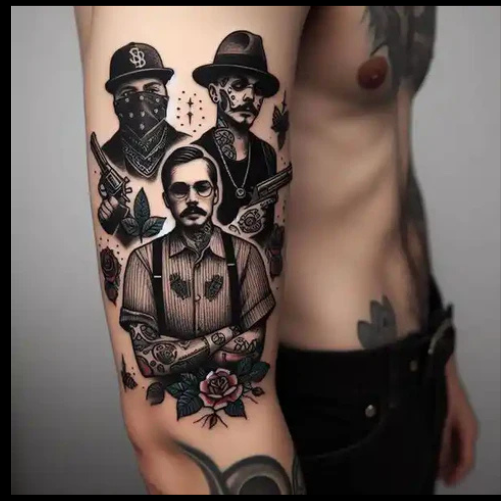Masculine Gangster Patchwork Tattoo With A Realistic Twist
