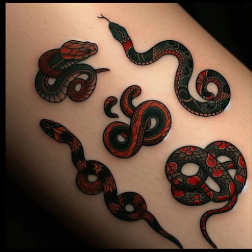 Menacing Display Of Traditional Snake Patchwork Tattoo