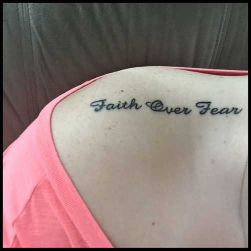 Monochromatic Faith Over Fear Tattoo On Shoulder