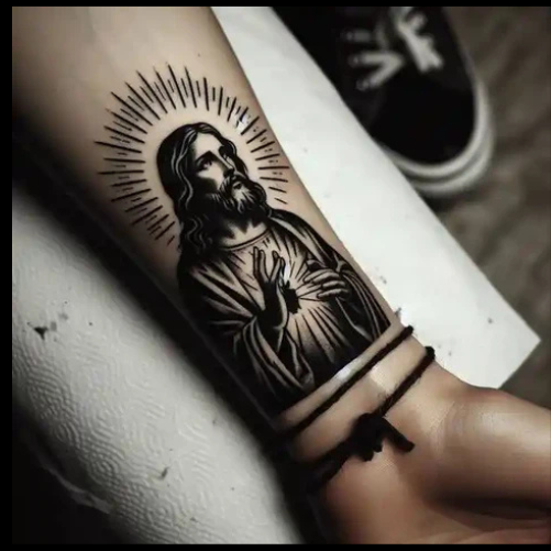 Monochromatic San Judas Stencil Tattoo With Stylish Lines San Judas Tattoo Ideas