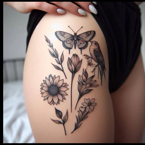 Monochrome Patchwork Tattoo On The Giant Realm Of Thigh