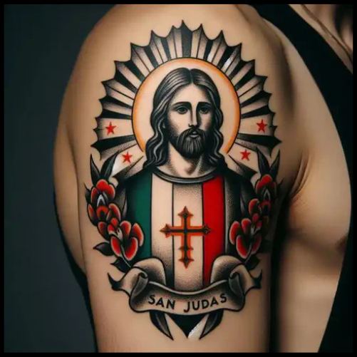 Neoclassical San Judas Flag Tattoo