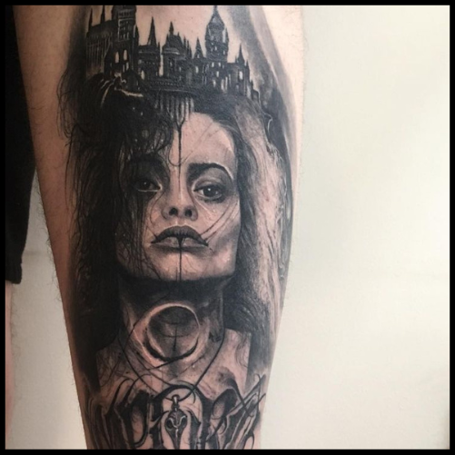 Realistic Portrait of Bellatrix Lestrange Tattoo