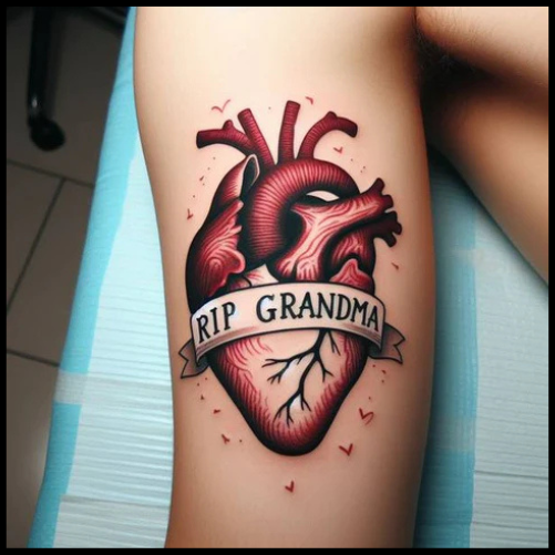 Realistic RIP Grandma Tattoo With Anatomical Heart