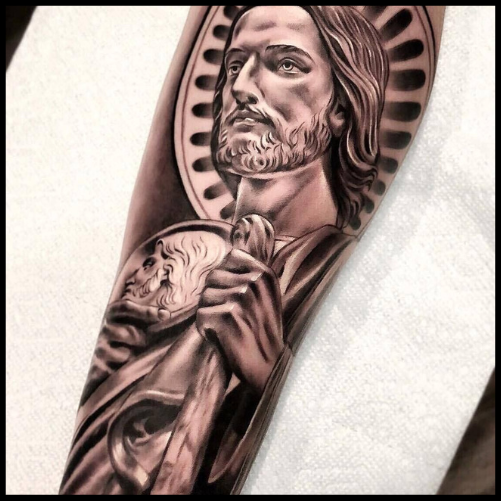 Realistic San Judas Tattoo On Forearm