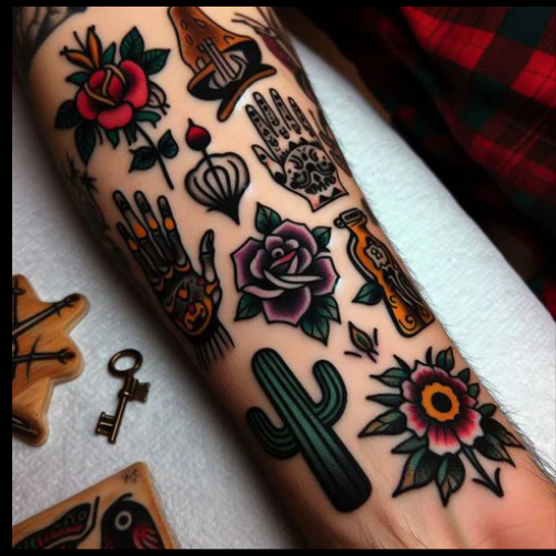 Rich Patchwork Tattoo With Colorful Components Patchwork Tattoo Ideas