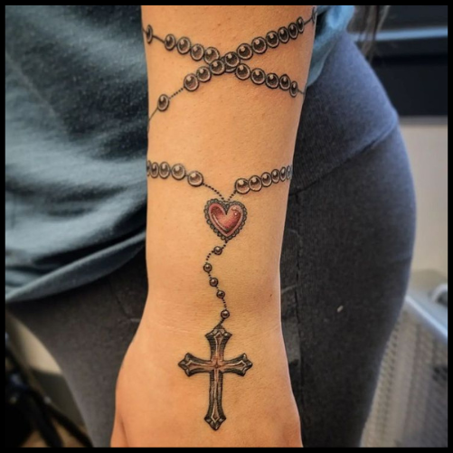 Rosary Tattoo with a Heart Charm
